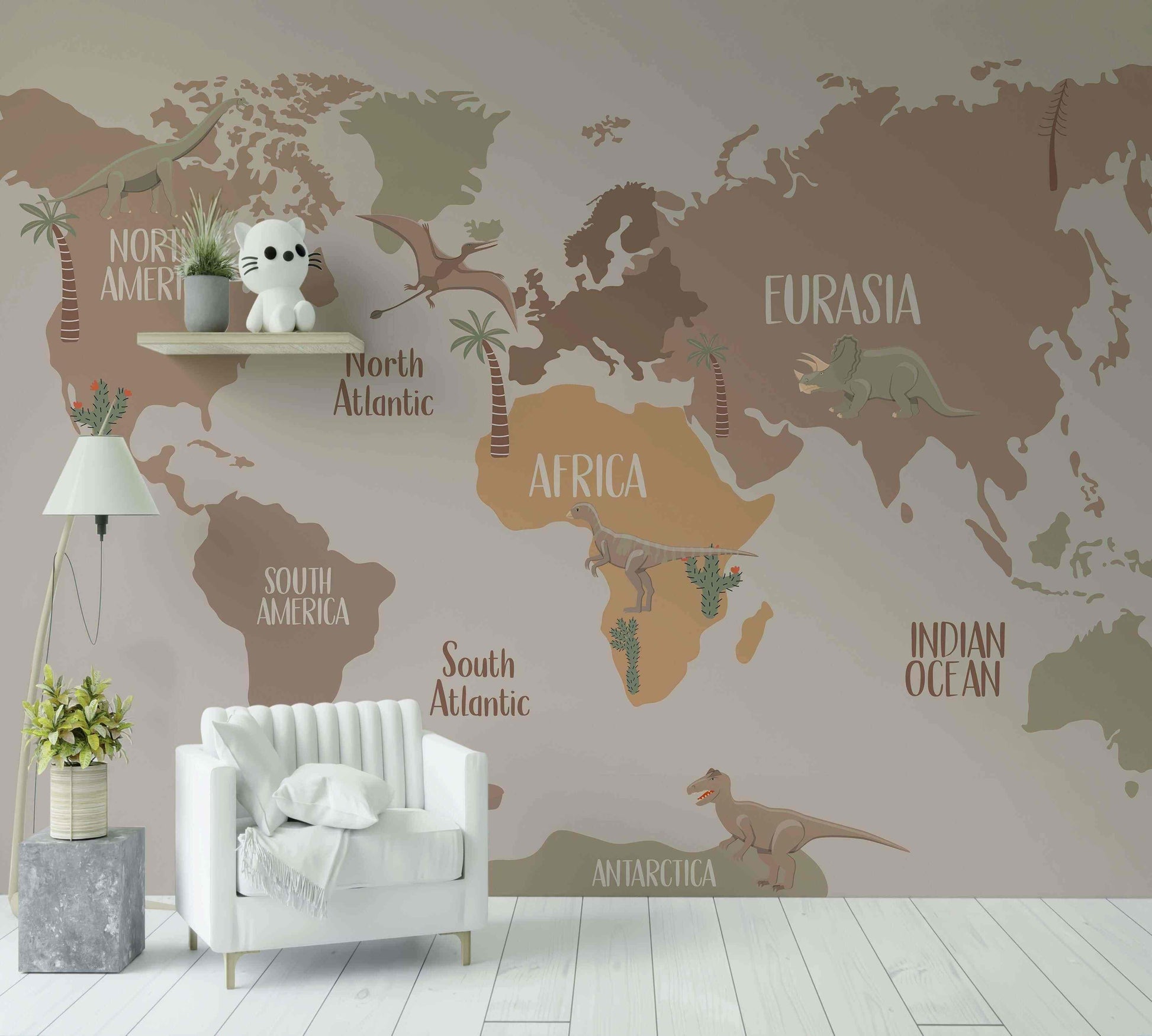 Papier peint carte du monde pour enfant avec dinosaures colorés, décoration murale éducative.