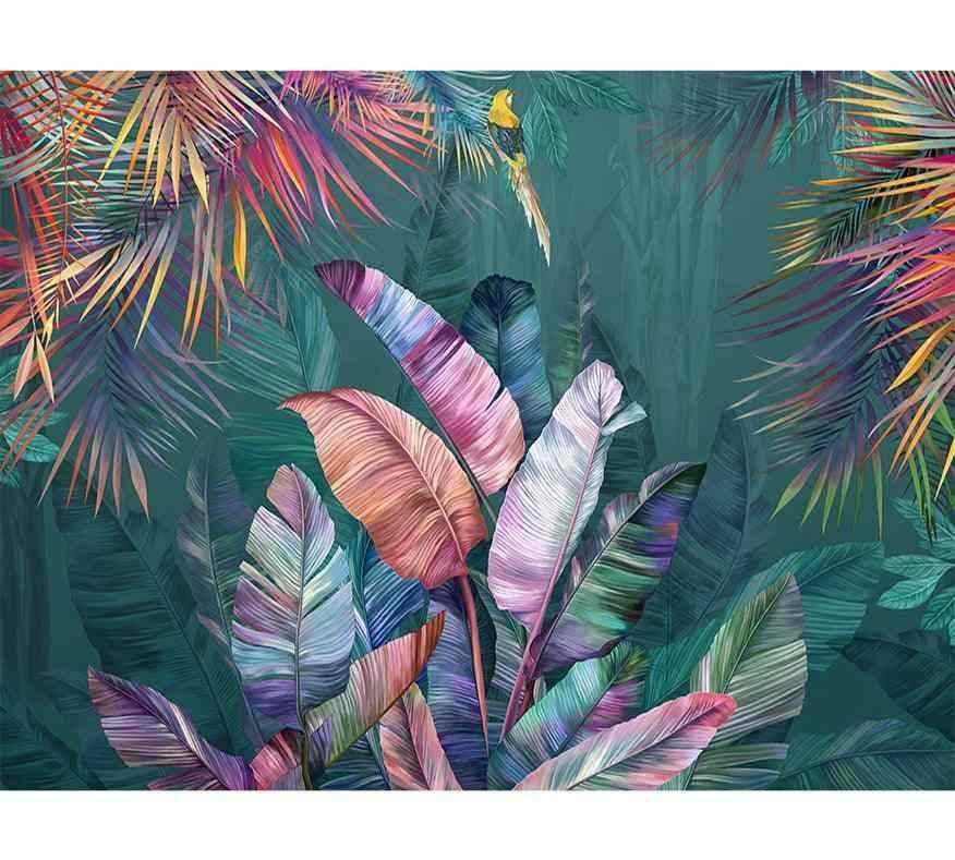 Papier peint tropical avec grandes feuilles colorées et oiseau exotique sur fond vert