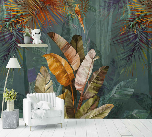 Papier peint tropical coloré avec feuilles exotiques et perroquet, décor mural salon moderne