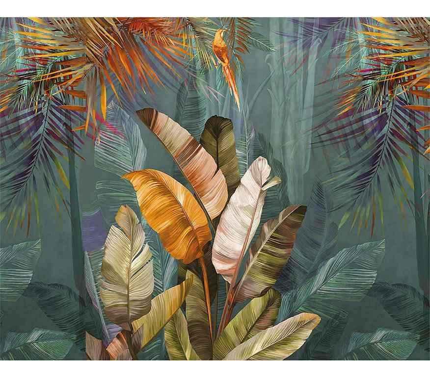 Papier peint tropical avec feuilles exotiques colorées et perroquet, déco salon ou chambre