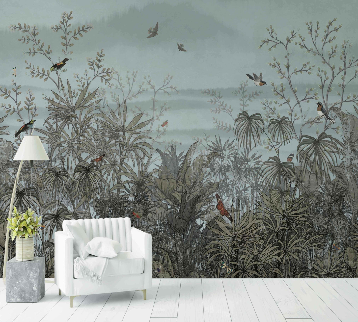 Papier peint vintage paysage avec jungle, oiseaux exotiques et feuillage vert, déco salon