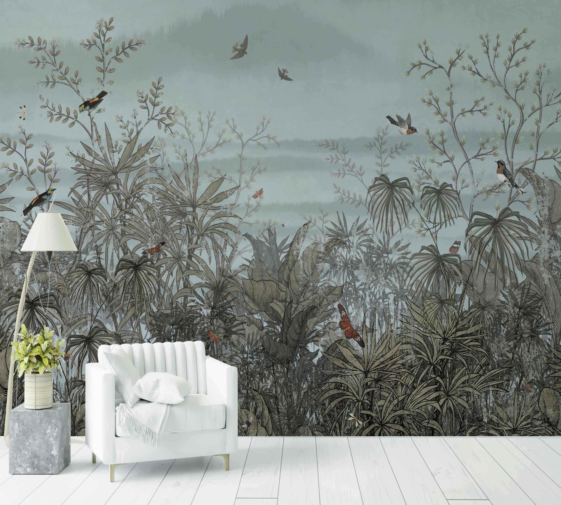 Papier peint vintage paysage avec jungle, oiseaux exotiques et feuillage vert, déco salon