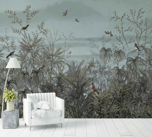 Papier peint vintage paysage avec jungle, oiseaux exotiques et feuillage vert, déco salon
