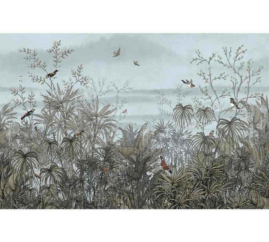 Papier peint panoramique vintage avec paysage botanique, feuillage dense et oiseaux, décoration murale élégante.