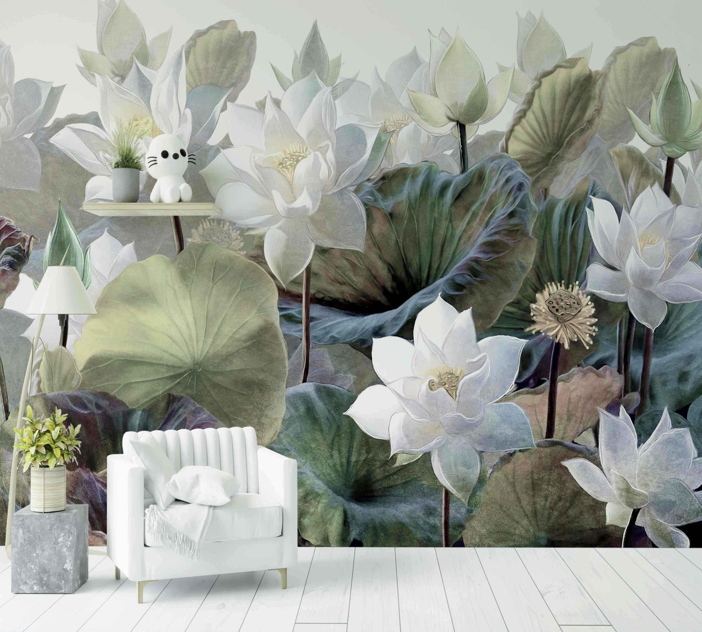 Papier Peint White and green Flowers - Morowall