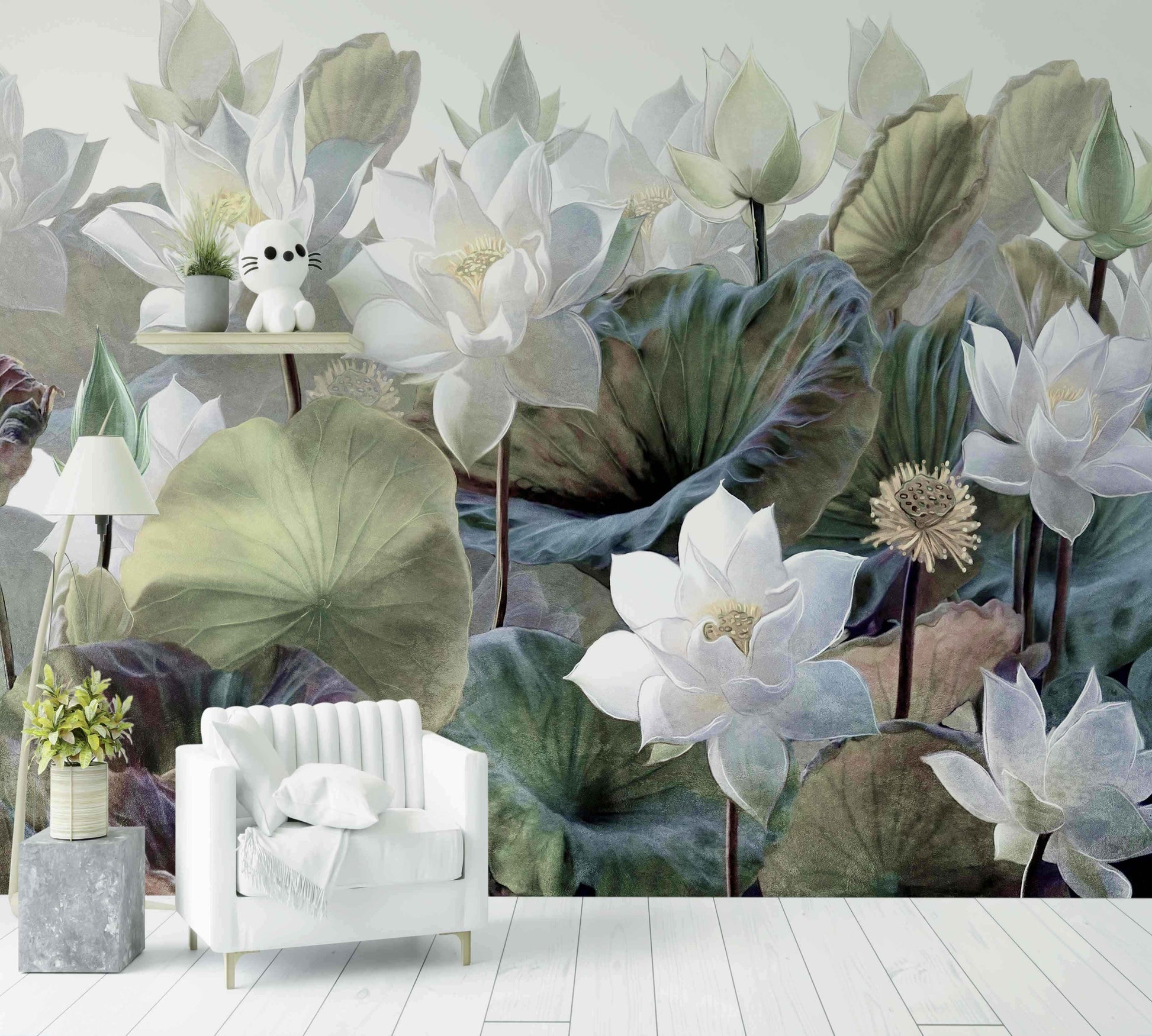 Papier Peint White and green Flowers - Morowall