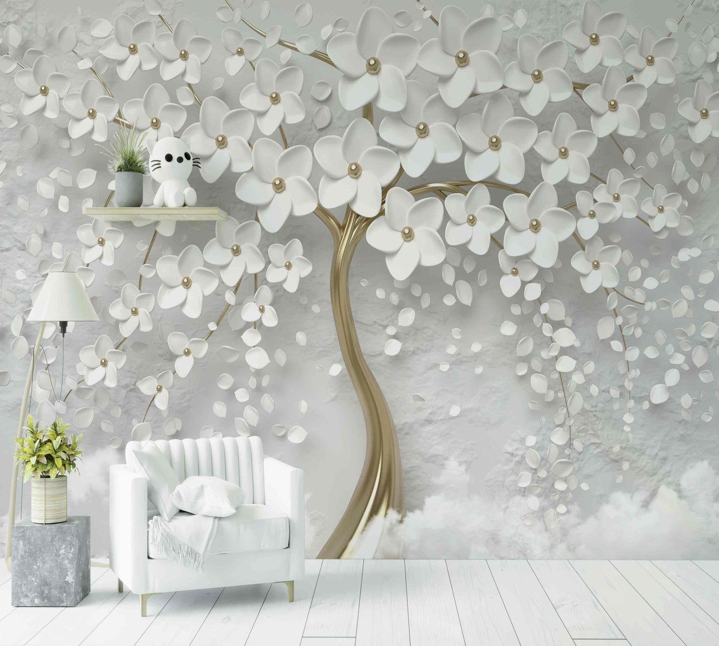 Papier peint floral blanc et or avec arbre en relief et fleurs modernes, déco murale salon élégant