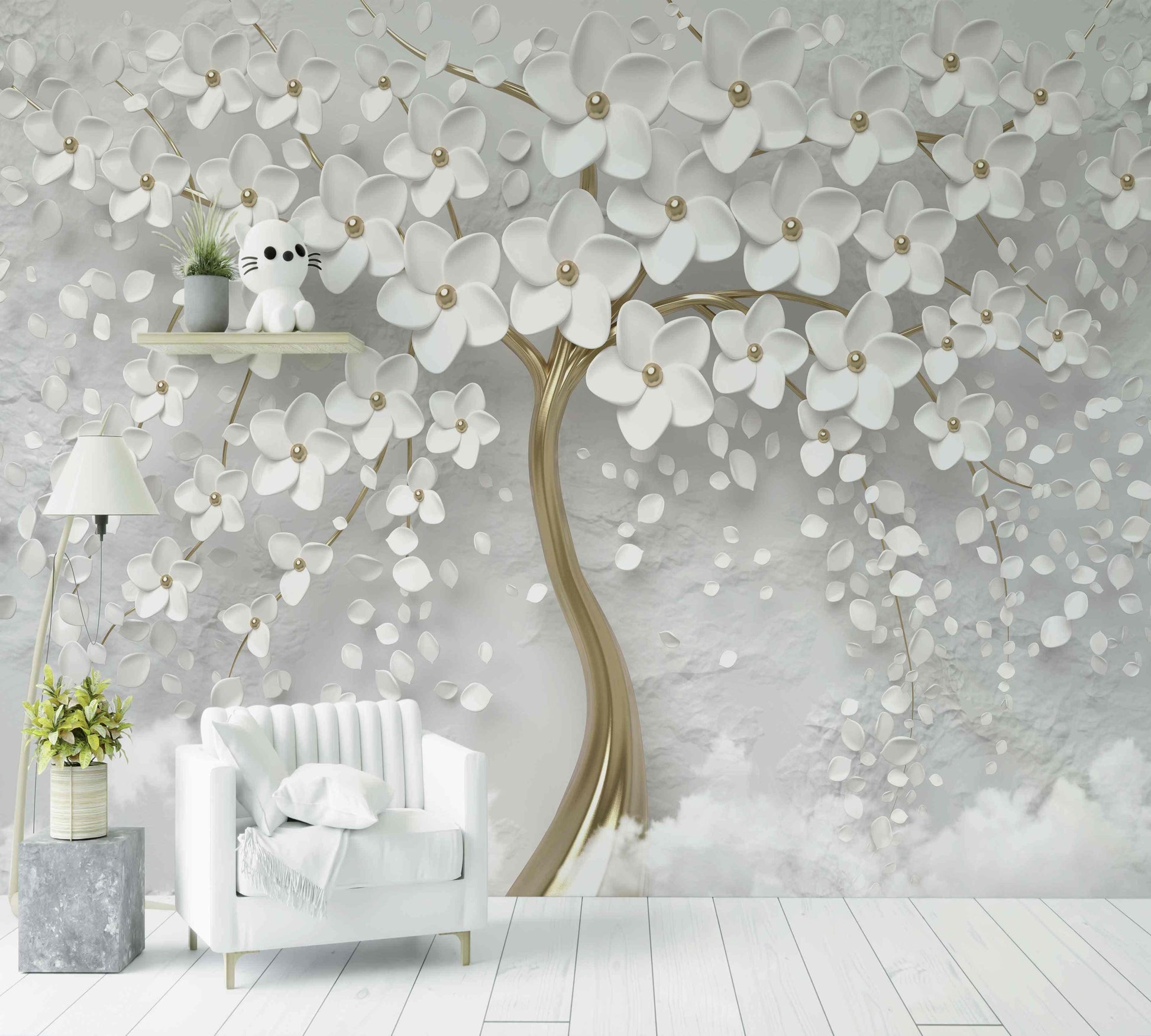 Papier peint floral blanc et or avec arbre en relief et fleurs modernes, déco murale salon élégant
