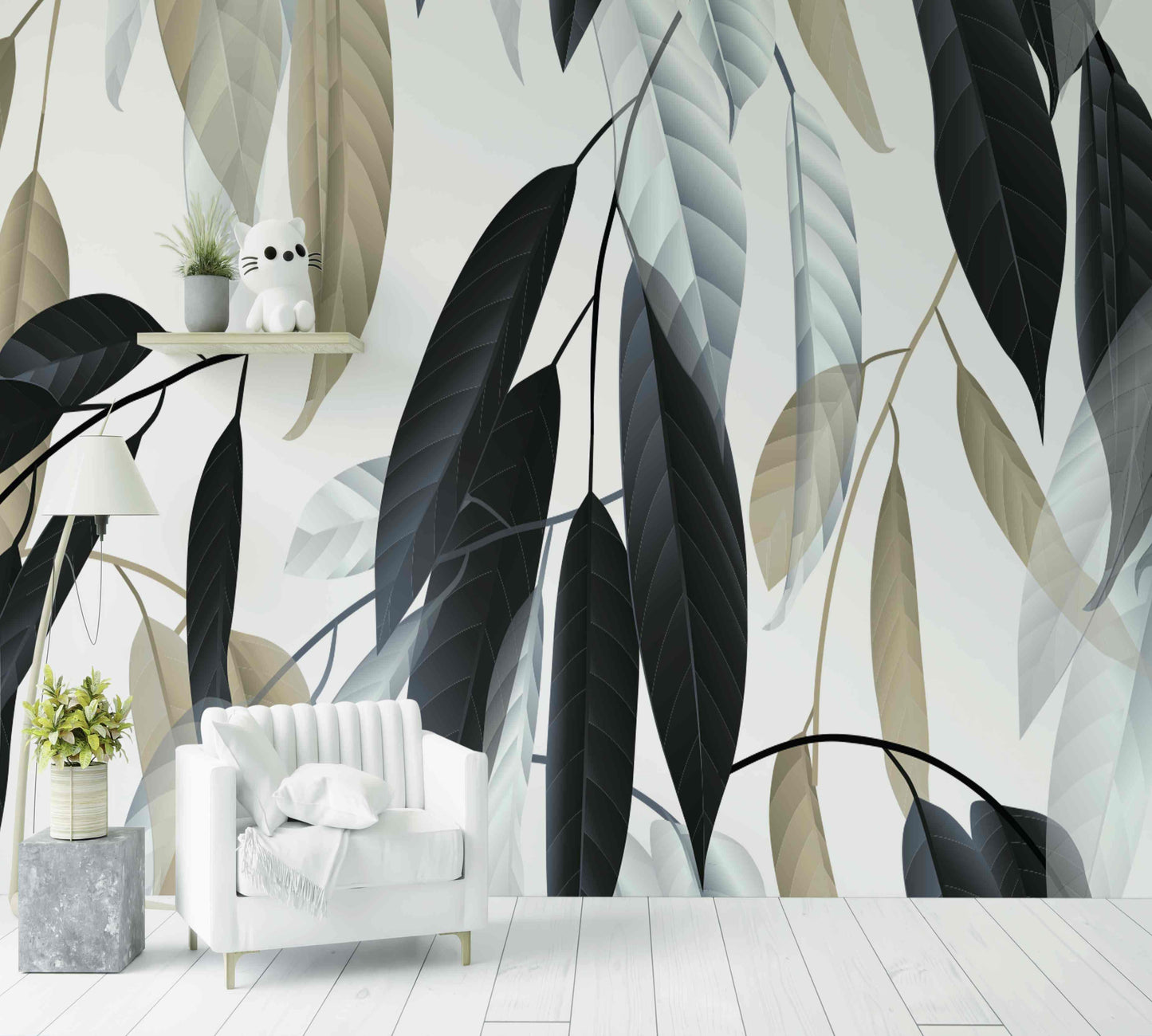 Papier peint feuillage vert foncé moderne, salon avec fauteuil blanc et déco végétale