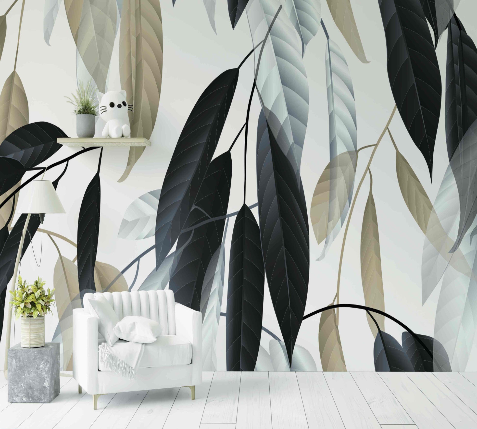 Papier peint feuillage vert foncé moderne, salon avec fauteuil blanc et déco végétale