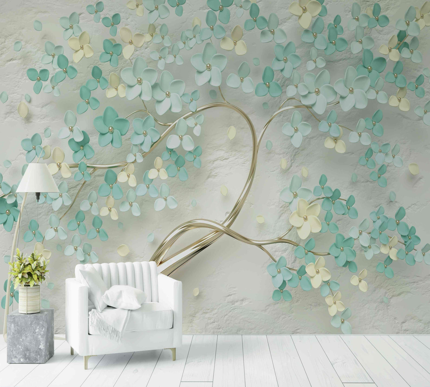 Papier peint floral arbre doré bleu et beige décoratif pour salon moderne