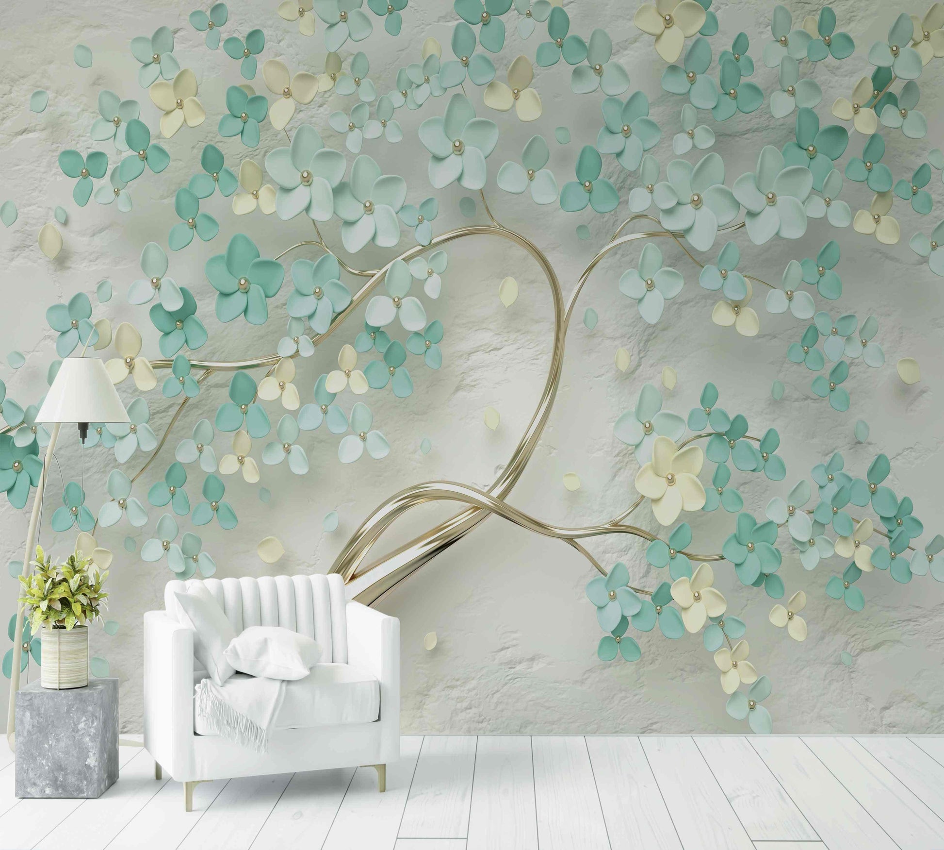 Papier peint floral arbre doré bleu et beige décoratif pour salon moderne