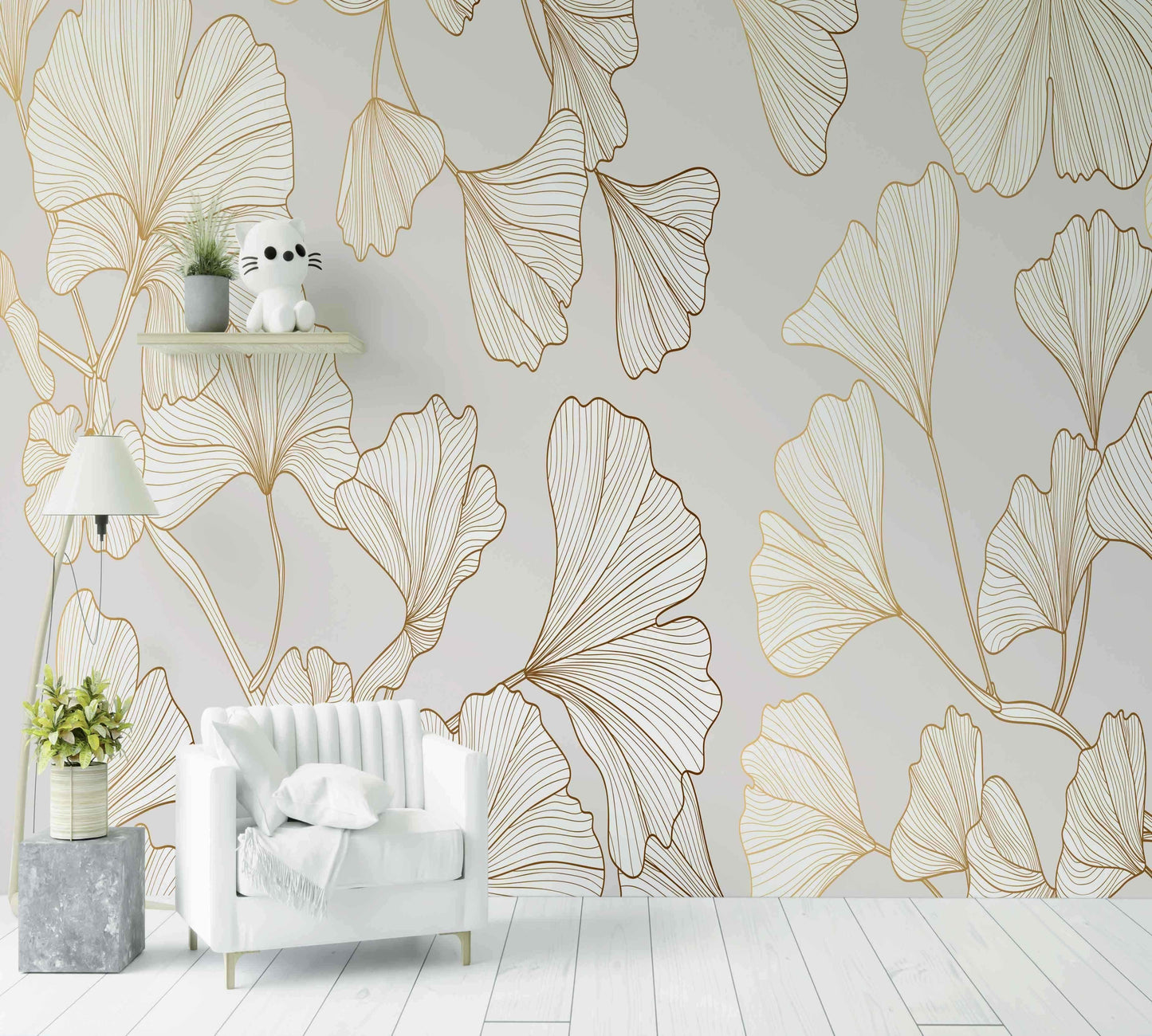 Papier peint motif feuilles dorées et blanches décoratif pour salon moderne