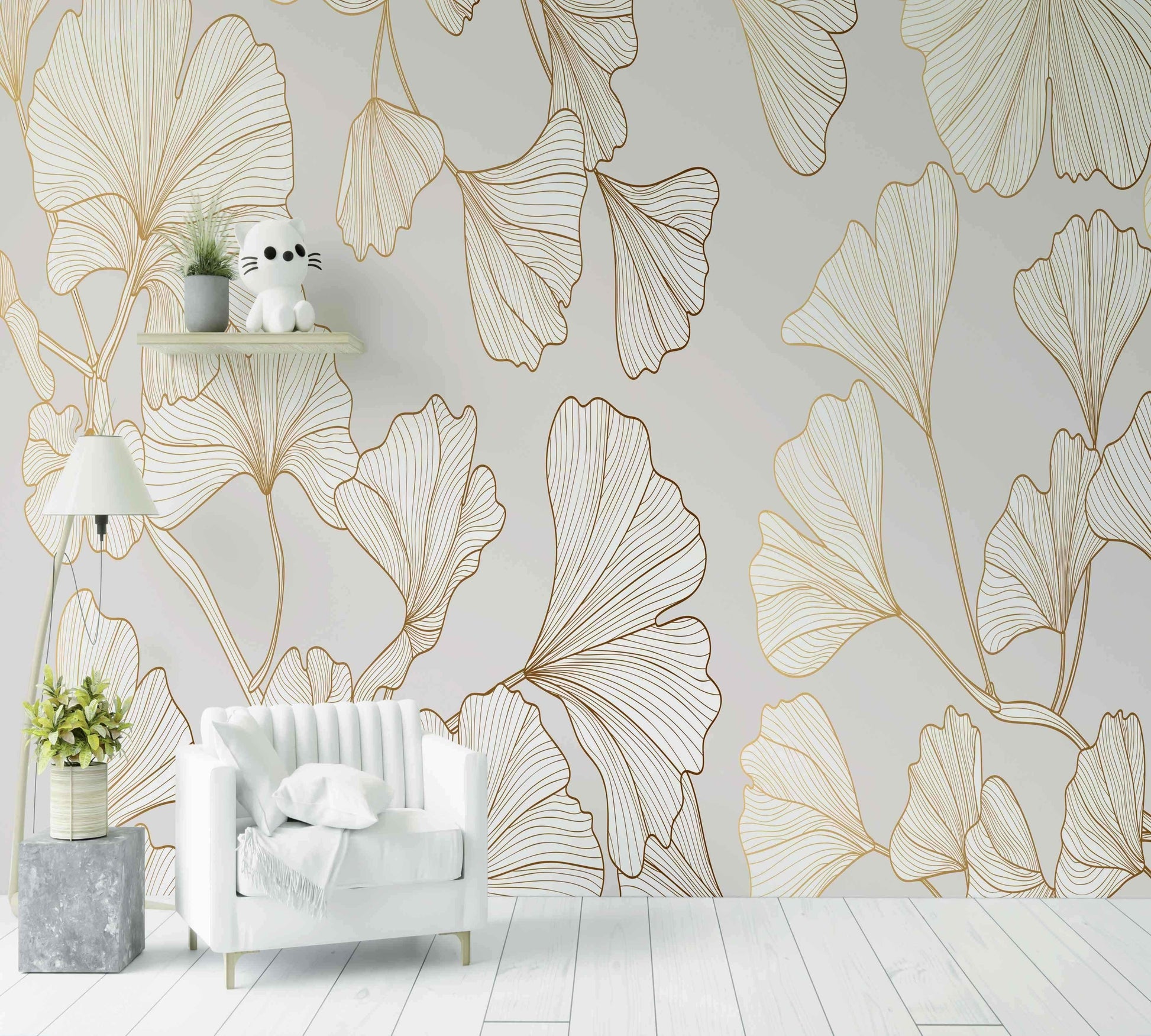 Papier peint motif feuilles dorées et blanches décoratif pour salon moderne