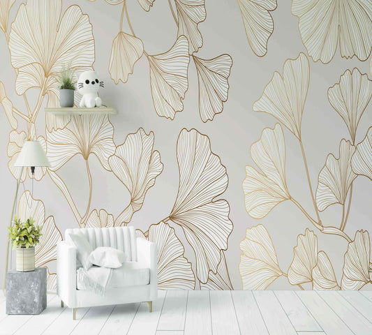 Papier Peint gold and white leaves - Morowall