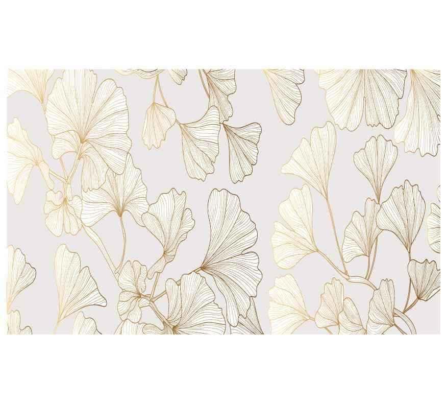 Papier peint motif feuilles dorées et blanches, design élégant pour décoration murale.