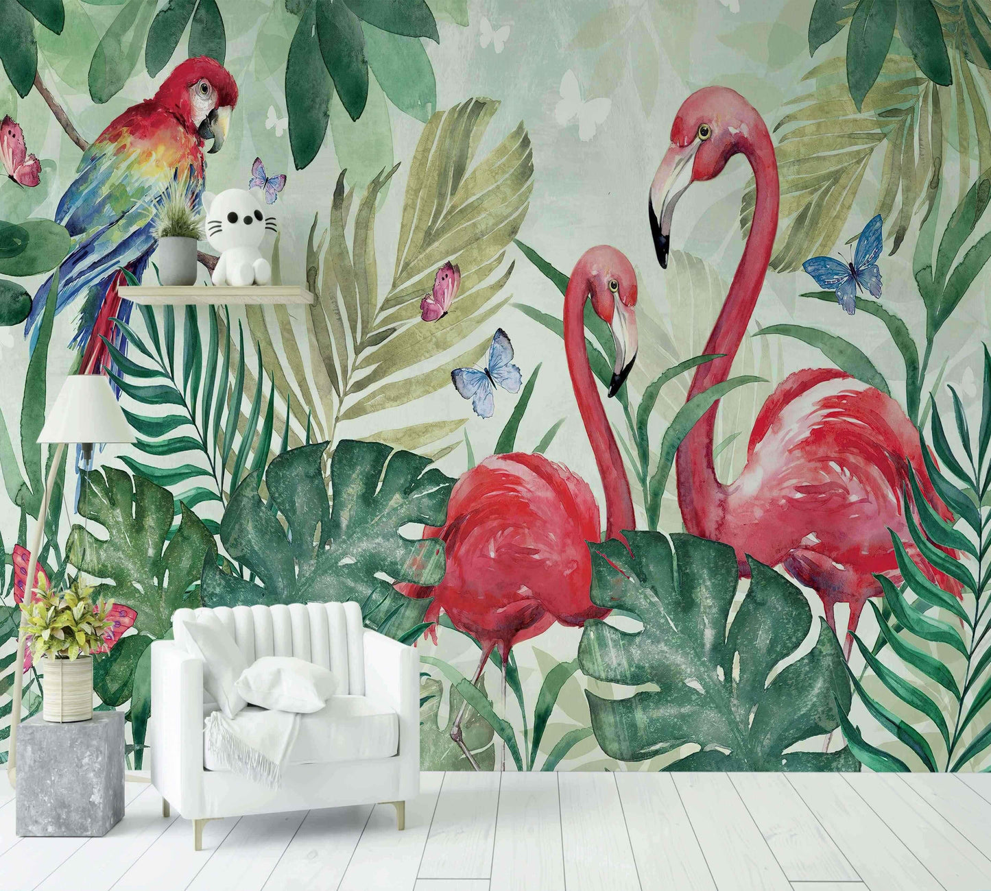 Papier peint jungle avec flamants roses, perroquet, feuillage tropical et papillons colorés