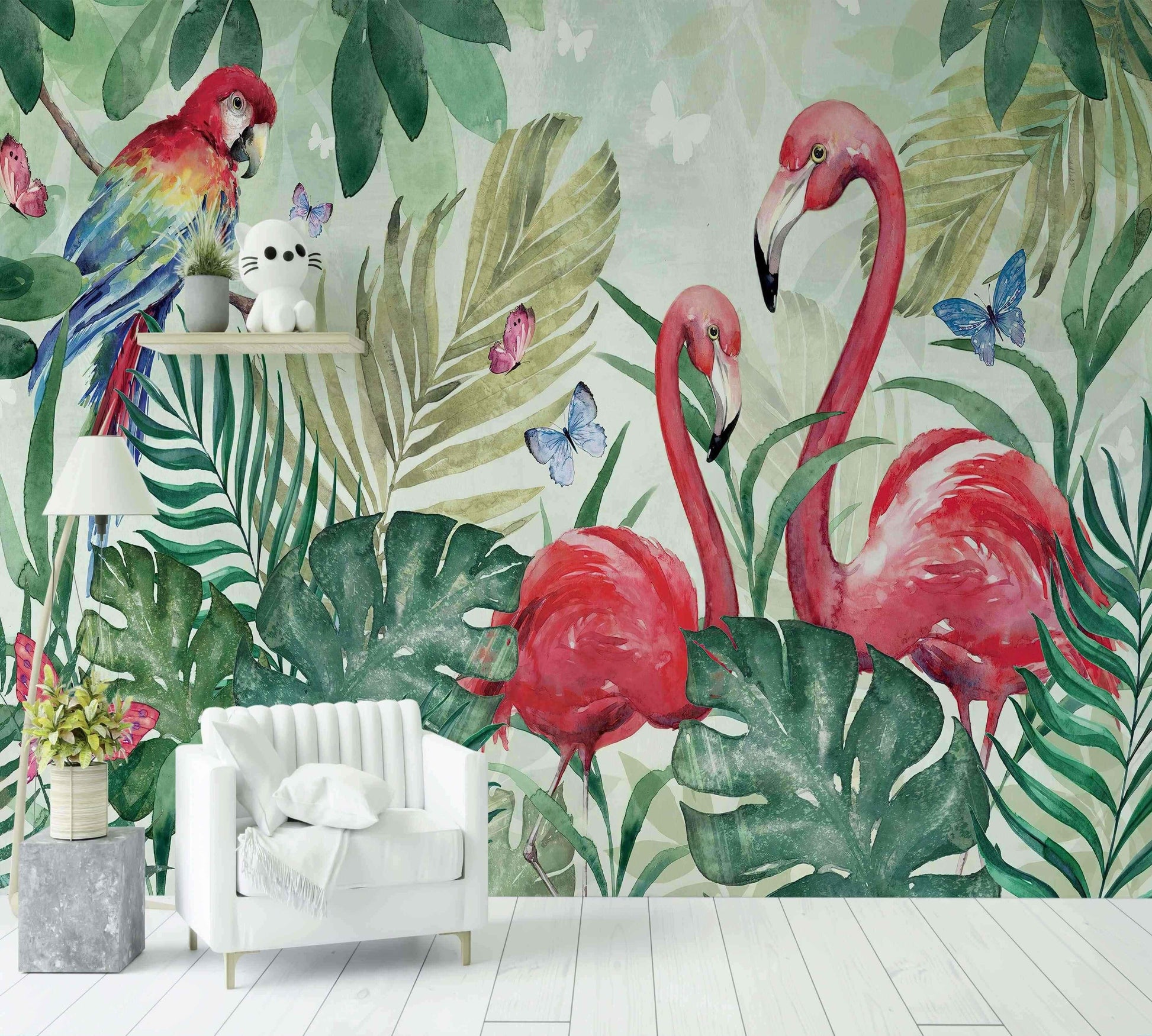 Papier peint jungle avec flamants roses, perroquet, feuillage tropical et papillons colorés