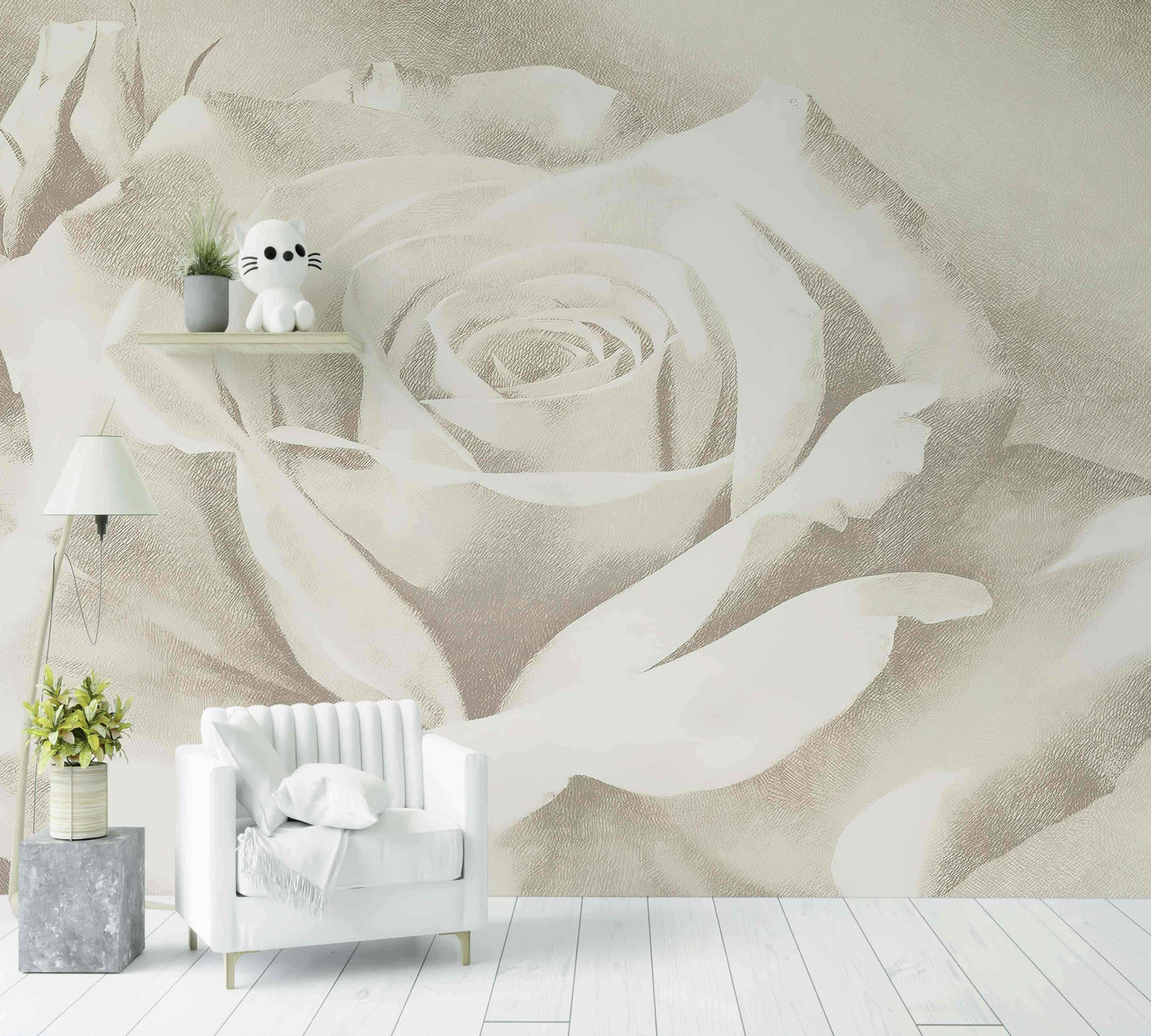 Papier peint mural rose beige dans salon moderne, fauteuil blanc, déco épurée