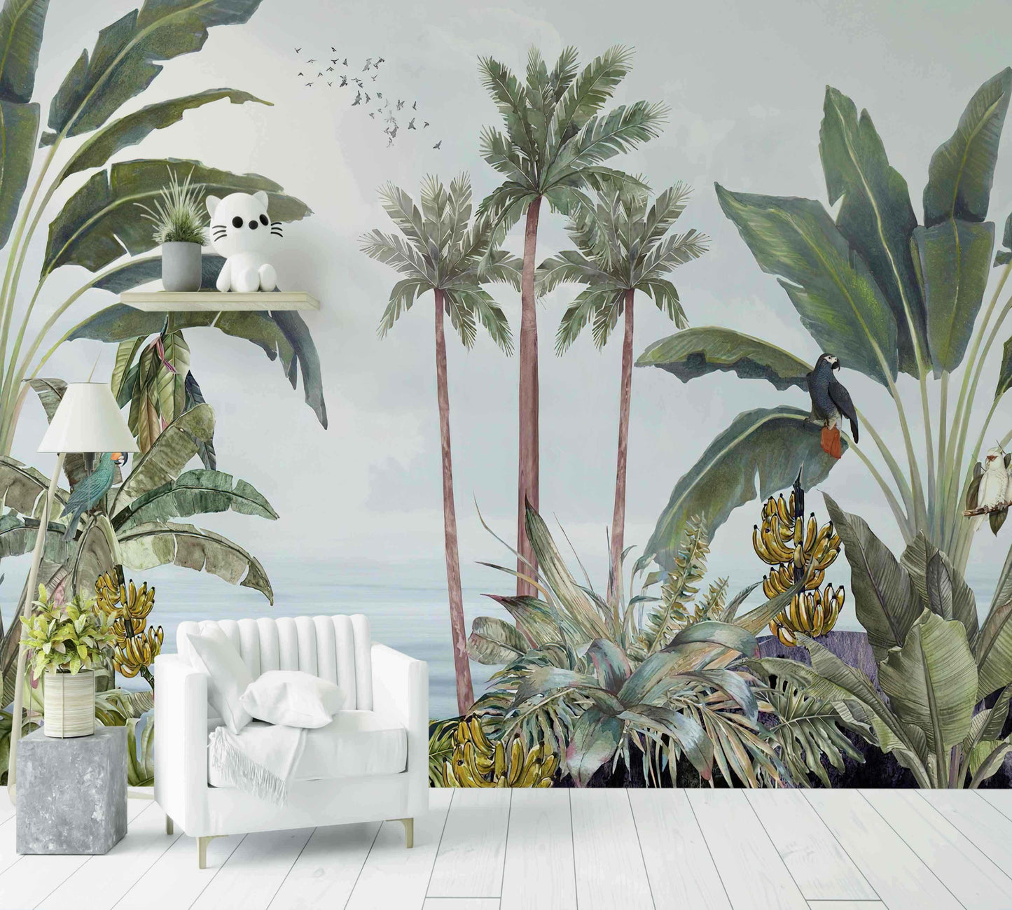 Papier peint jungle exotique avec palmiers, perroquets et feuillage tropical décoratif
