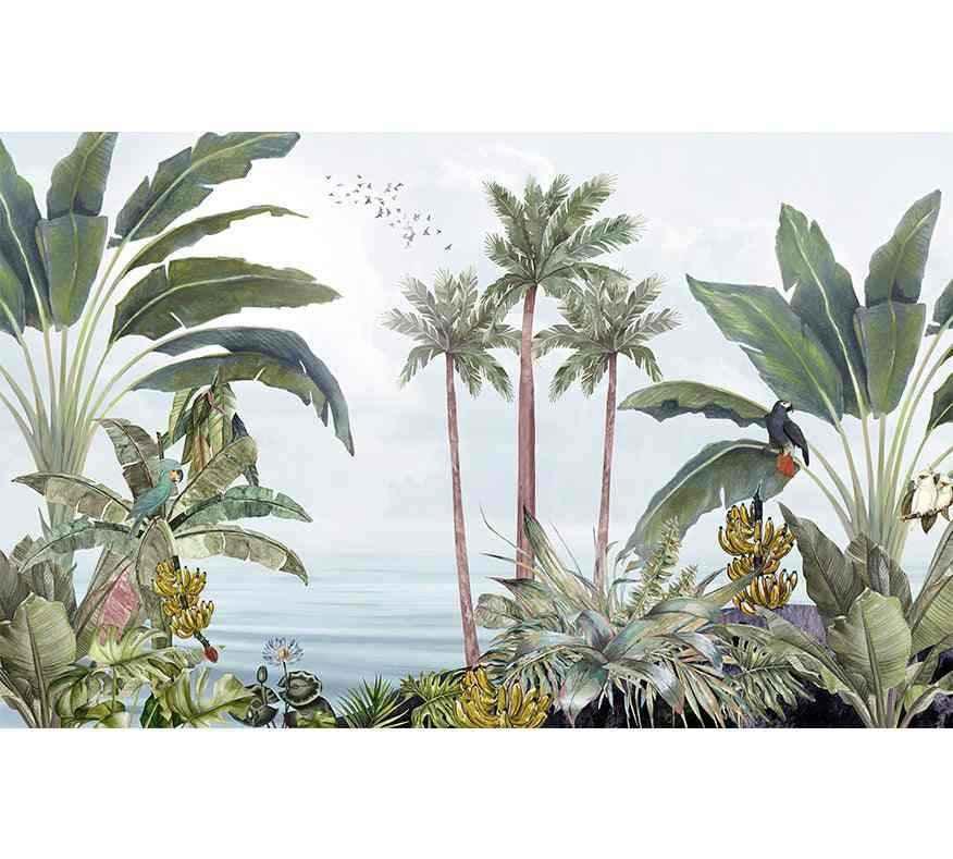 Papier peint jungle exotique avec palmiers, feuillage tropical, oiseaux et bananiers au bord de l'eau