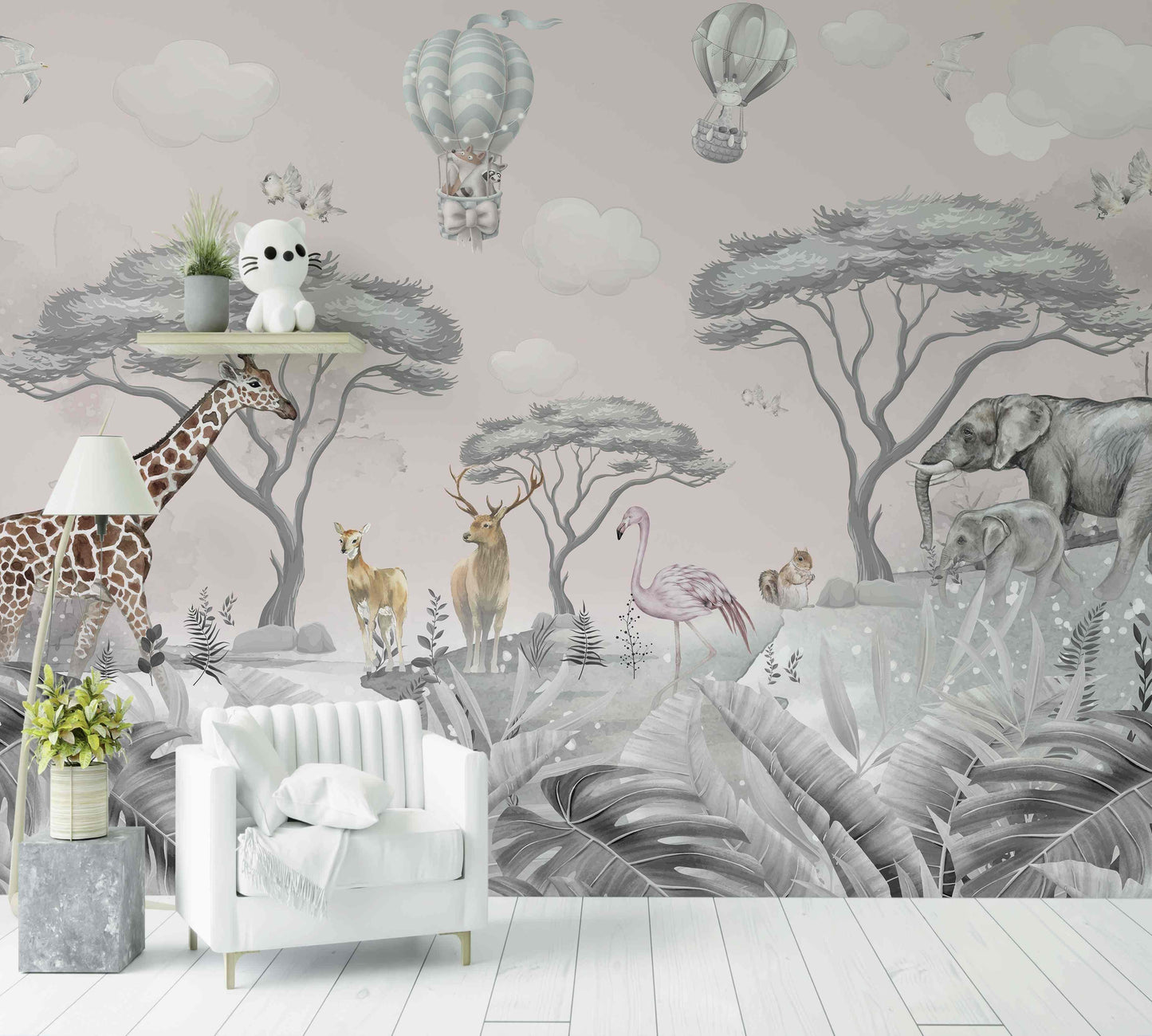 Papier peint jungle rose et gris avec girafe, éléphants, flamant rose et arbres exotiques pour chambre enfant