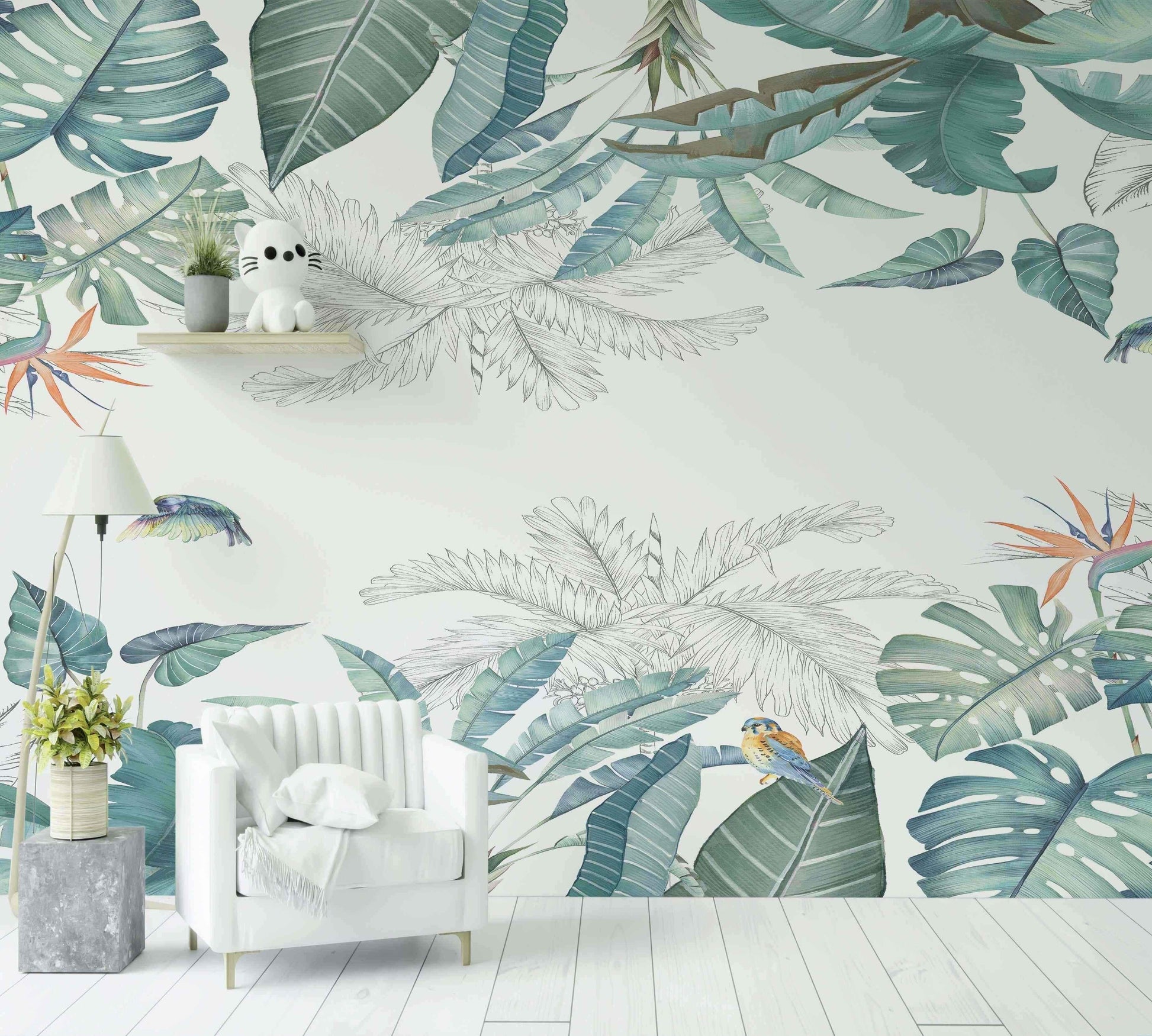 Papier peint tropical feuillage vert avec oiseaux exotiques dans un salon moderne lumineux