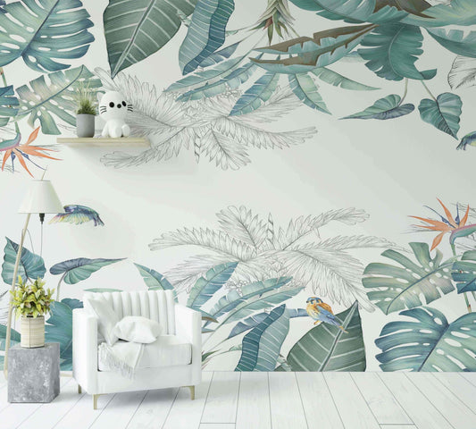 Papier peint tropical feuillage vert avec oiseaux exotiques dans un salon moderne lumineux