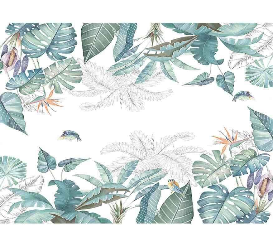Papier peint exotique motif feuilles tropicales vertes avec oiseaux colorés et fleurs pour salon