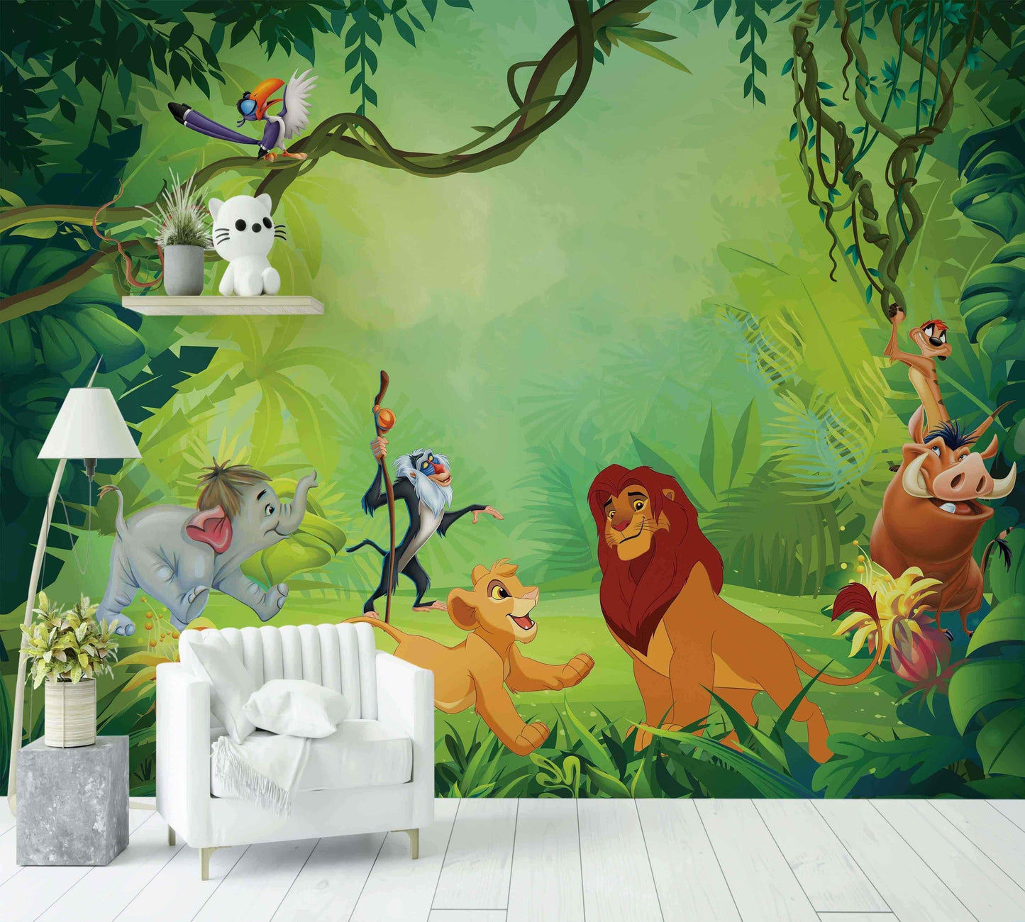Papier peint jungle pour chambre enfant avec animaux et personnages de dessin animé colorés