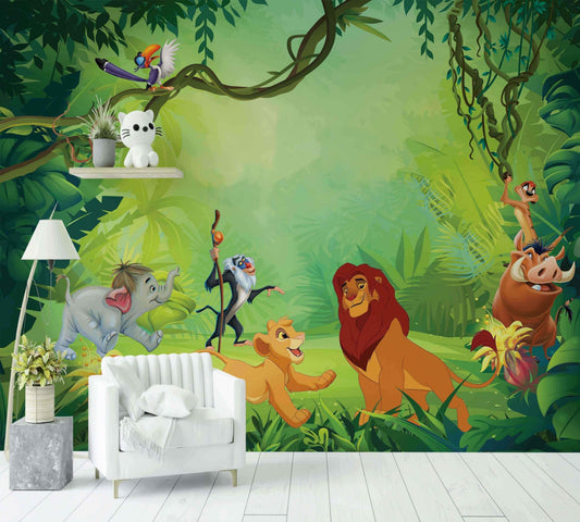 Papier peint jungle pour chambre enfant avec animaux et personnages de dessin animé colorés