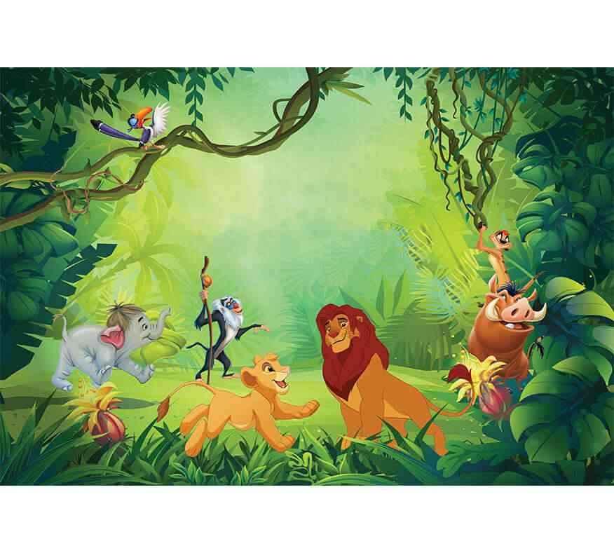 Papier peint jungle avec animaux dessin animés, lion, éléphant et végétation exotique