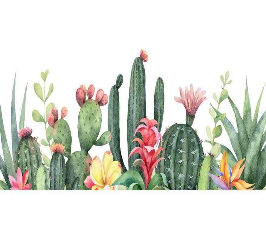 Papier peint cactus coloré, motifs botaniques et fleurs exotiques, décoration murale intérieure.