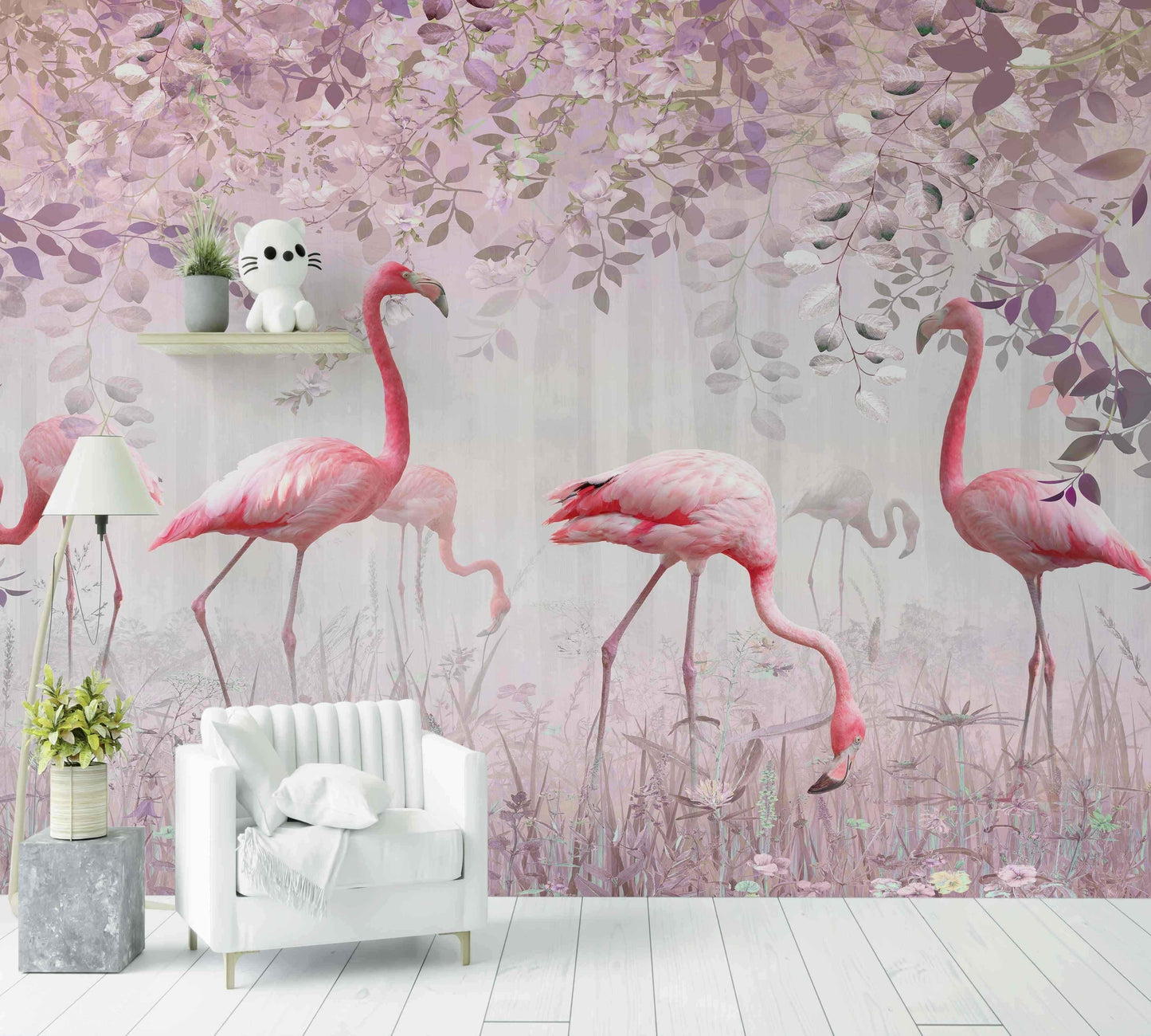Papier peint décoratif avec flamants roses dans un décor floral rose, salon moderne