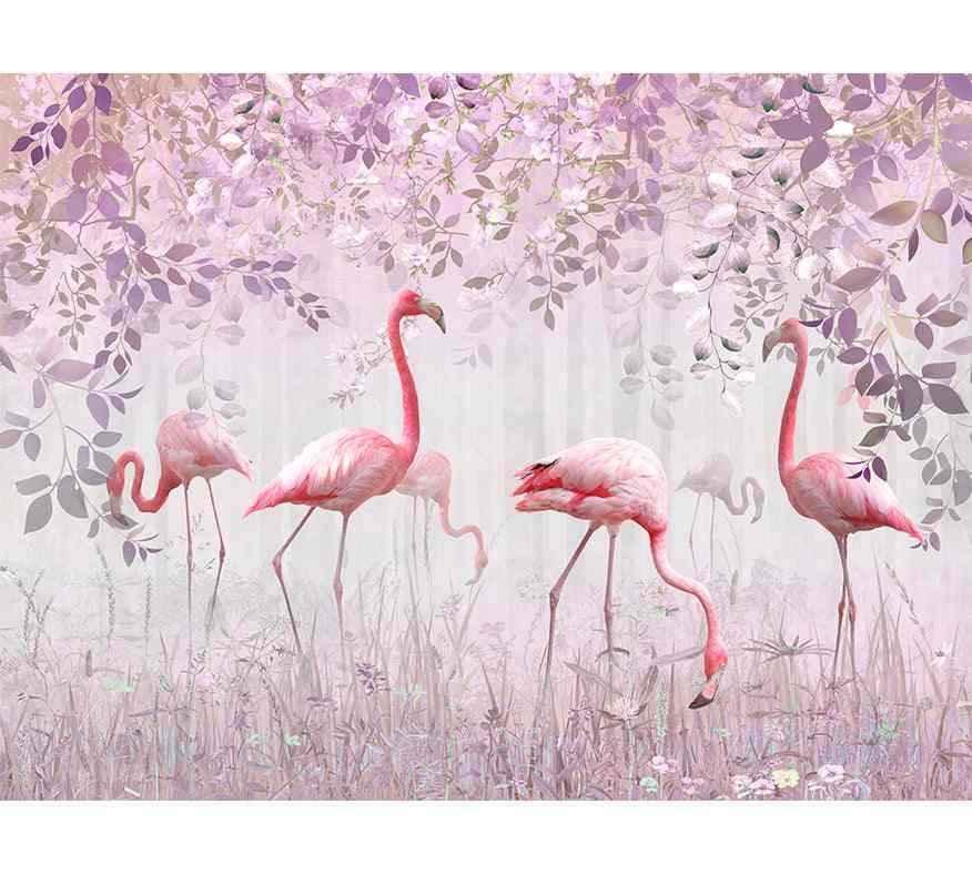 Papier peint décoratif avec flamants roses, feuillage violet, ambiance tropicale élégante