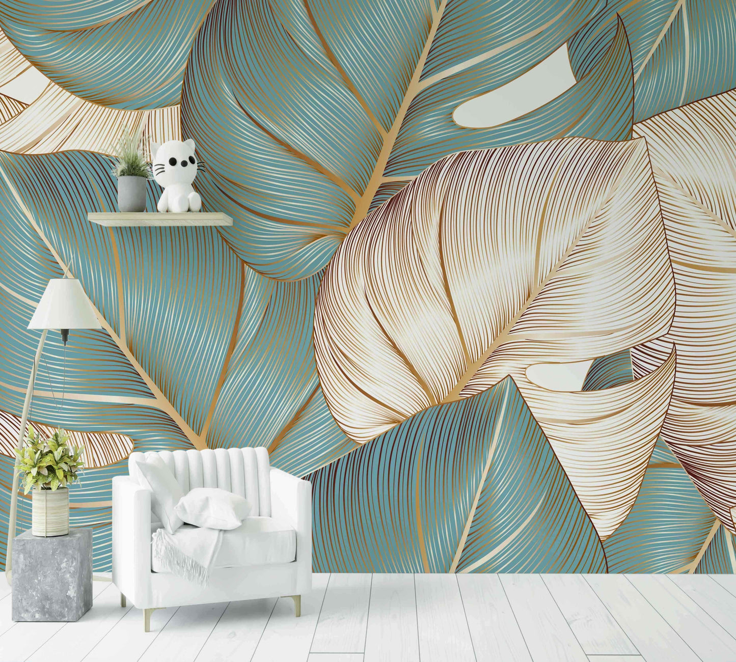 Papier peint motifs grandes feuilles dorées et vertes, décor salon moderne, design tropical