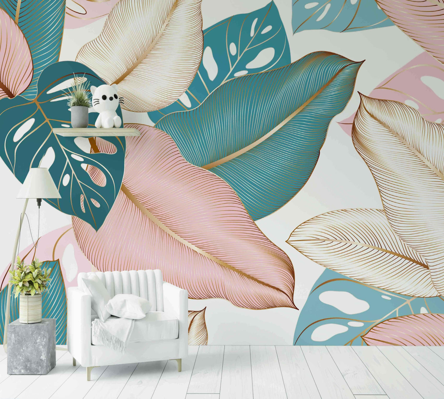 Papier peint feuilles grandes roses et vertes, décoration murale moderne salon lumineux.