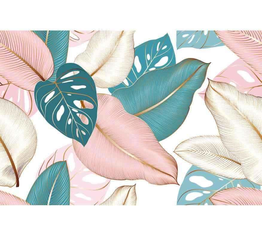 Papier peint décoratif avec feuilles tropicales roses, vertes et dorées, style botanique moderne