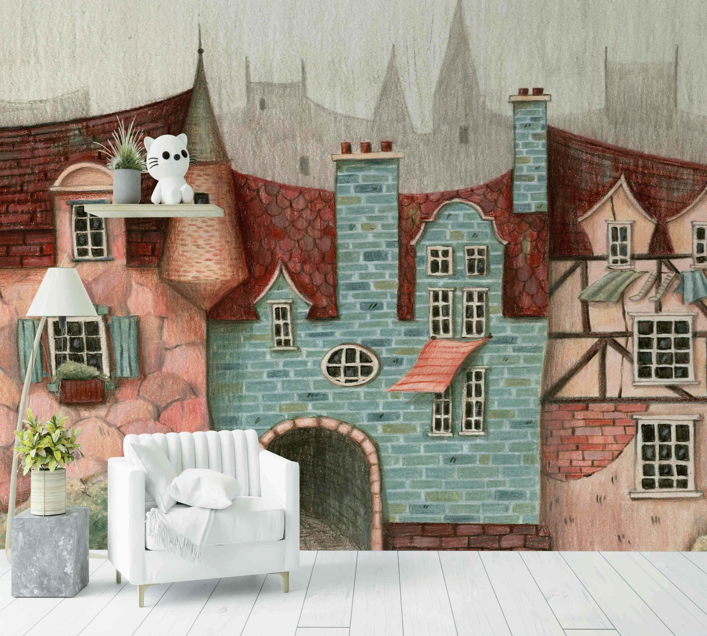 Papier peint décoratif maisons colorées style dessin, salon moderne, ambiance chaleureuse