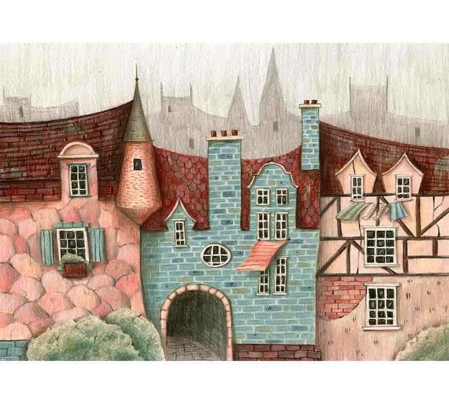Papier peint décoratif illustrant des maisons colorées style européen pour chambre ou salon