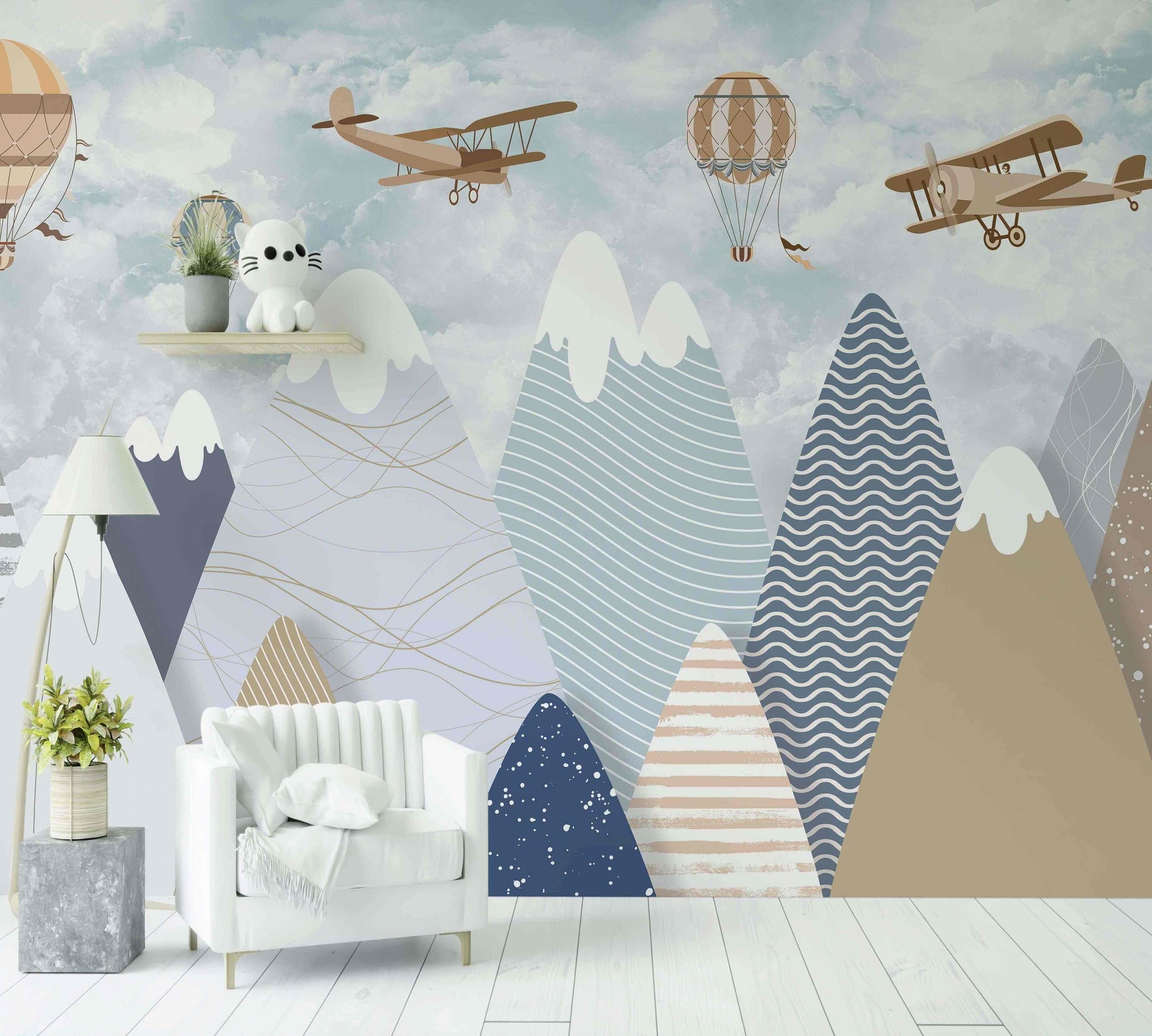 Papier peint mural montagne enfant, motifs avion et montgolfière, déco chambre originale.