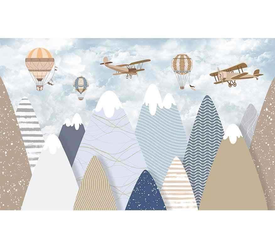 Papier peint montagnes enfantines avec montgolfières, avions et motifs géométriques colorés