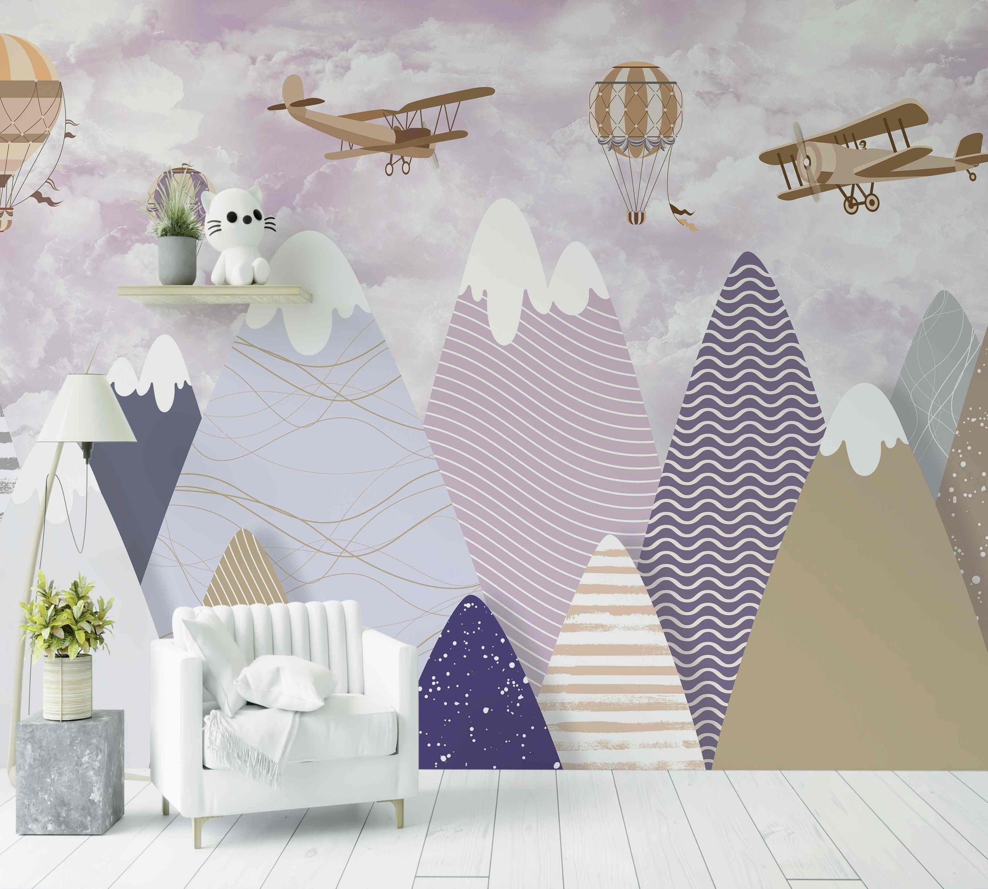 Papier peint mural montagnes pastel décoratif avec avions vintage et montgolfière, salon moderne
