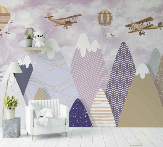 Papier peint mural montagnes pastel décoratif avec avions vintage et montgolfière, salon moderne