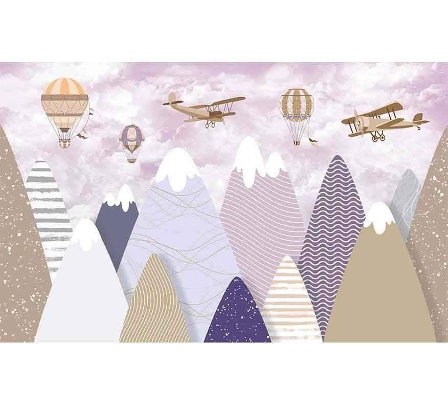 Papier peint montagne enfant, motifs colorés, montgolfières et avions sur fond pastel.