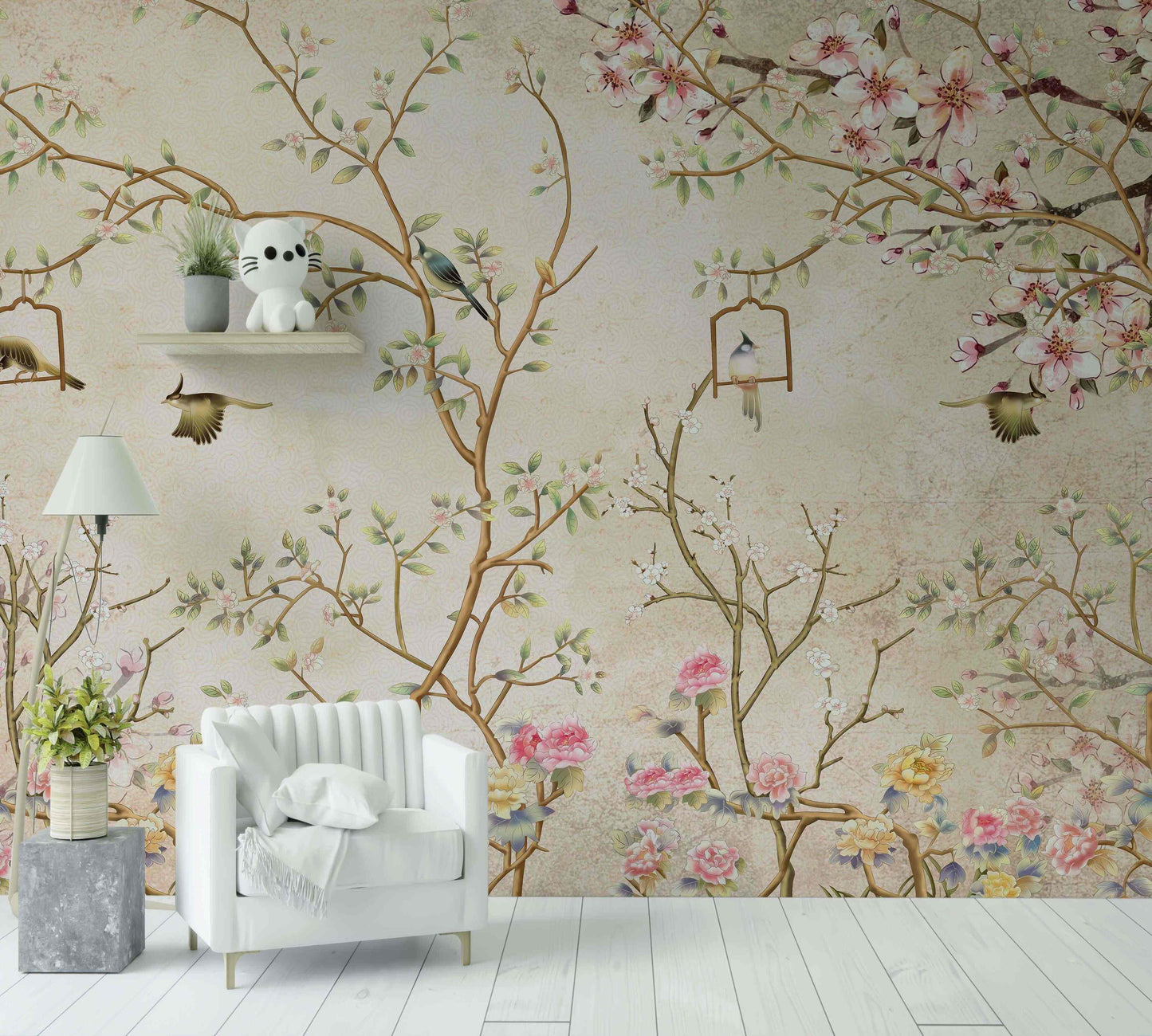 Papier peint floral et oiseaux, branches fleuries, décoration murale intérieure élégante