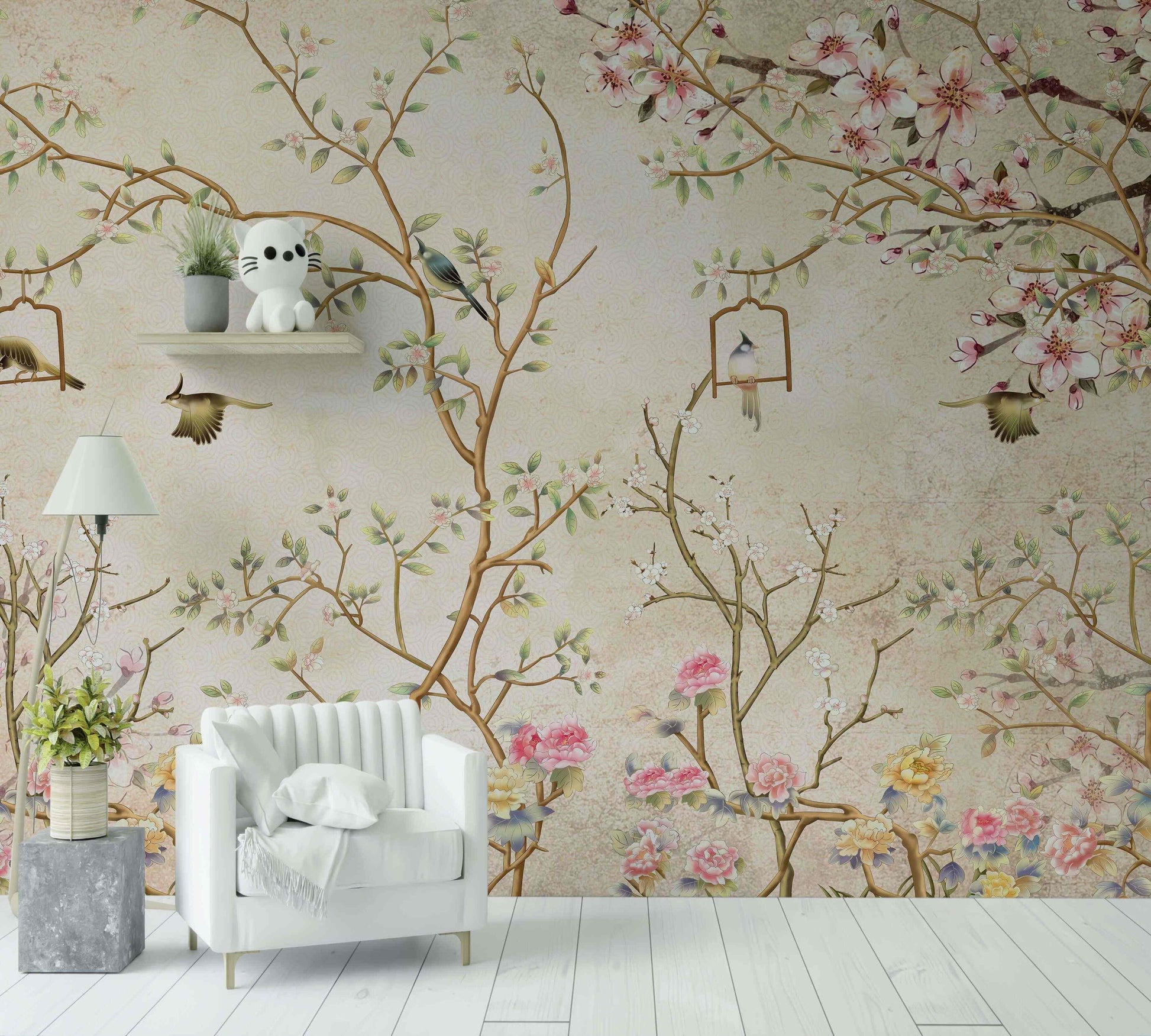 Papier peint floral et oiseaux, branches fleuries, décoration murale intérieure élégante