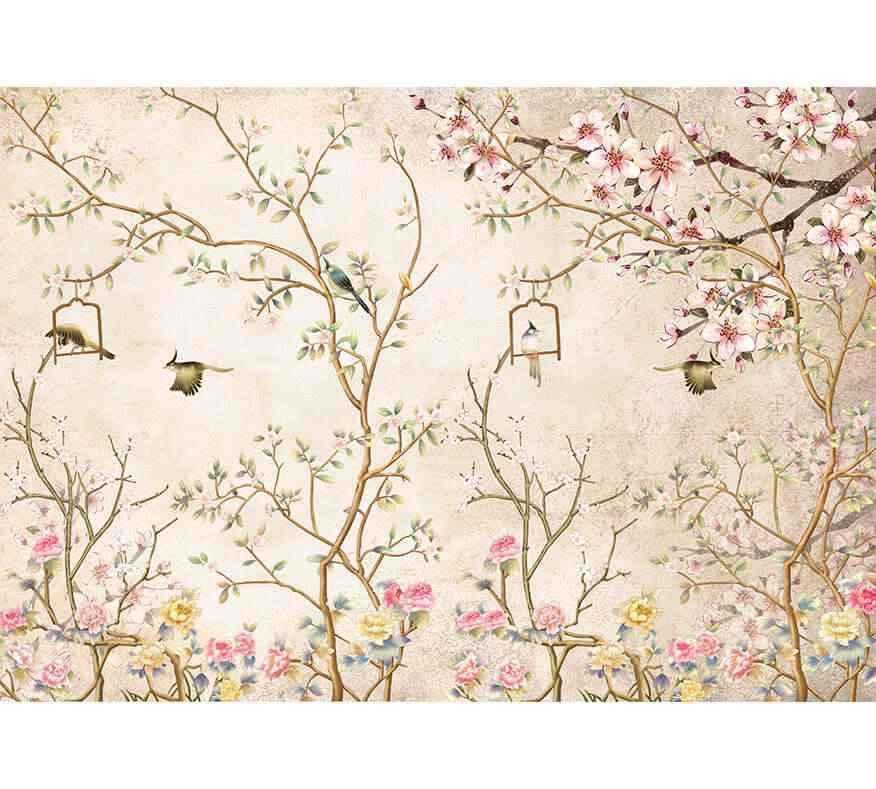 Papier peint motif oiseau et branches fleuries, ambiance jardin, décor mural floral élégant