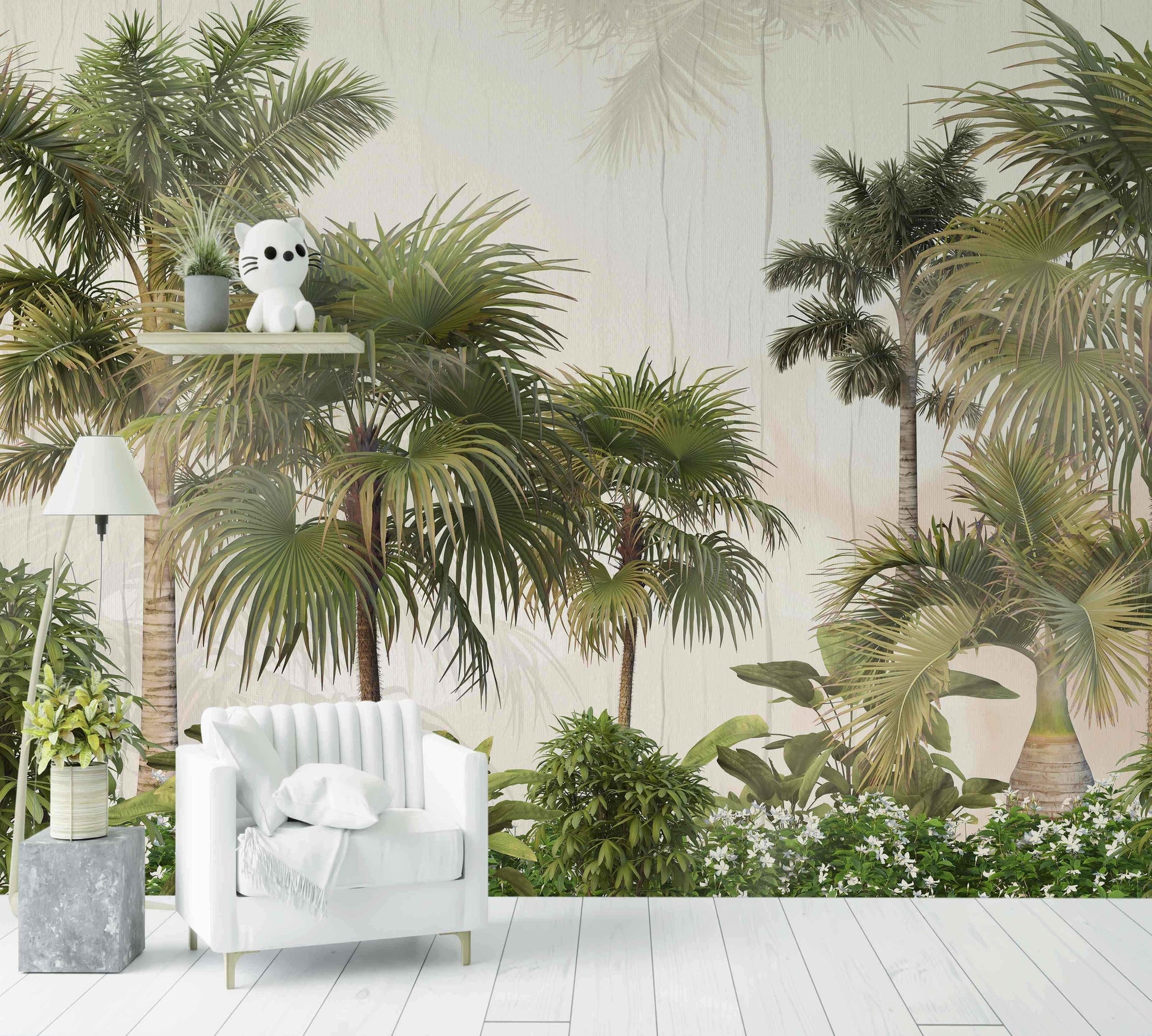 Papier peint décoratif palmiers tropicaux vert pour salon moderne, ambiance exotique
