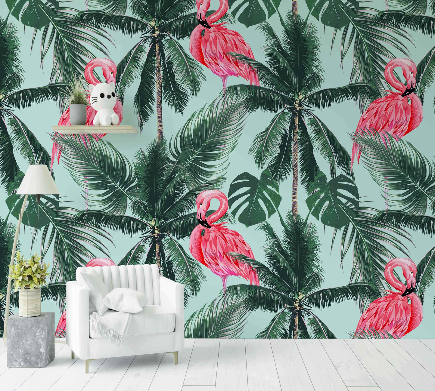 Papier peint tropical avec flamants roses et palmiers, décor mural pour salon moderne